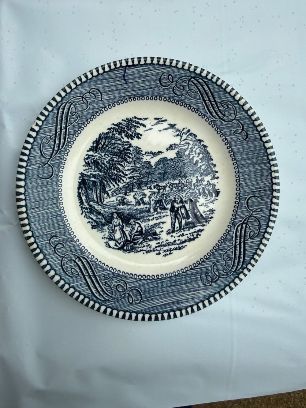 Vintage Blue & White Currier & Ives Ceramic Plate Pastoral Scene Harvest 6.5"